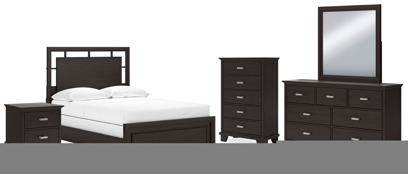 Covetown Dark Brown Covetown Full Panel Bed, Dresser, Mirror, Chest and Nightstand