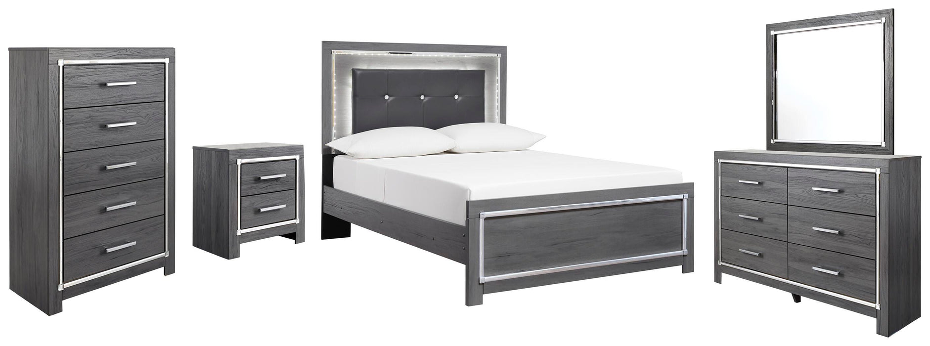 Lodanna Gray Lodanna Full Panel Bed with Mirrored Dresser, Chest and Nightstand