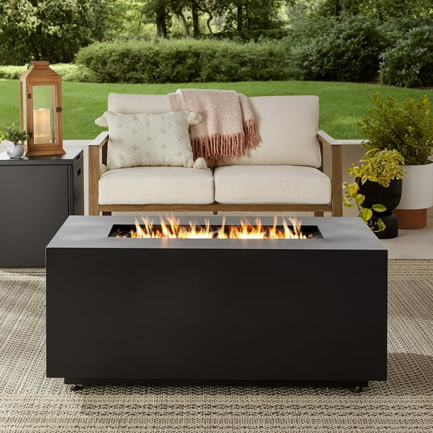 Mainstays 42" Rectangle Black Finish Modern Steel Fire Pit: 42" x 20" 50000 BTU Propane Fire Pit Table with Lid, Tank Hideaway and Cover - open_box