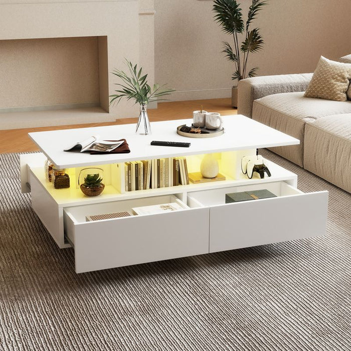 35.4" Modern High Glossy Rectangular Coffee Table with LED Light and Drawers - new