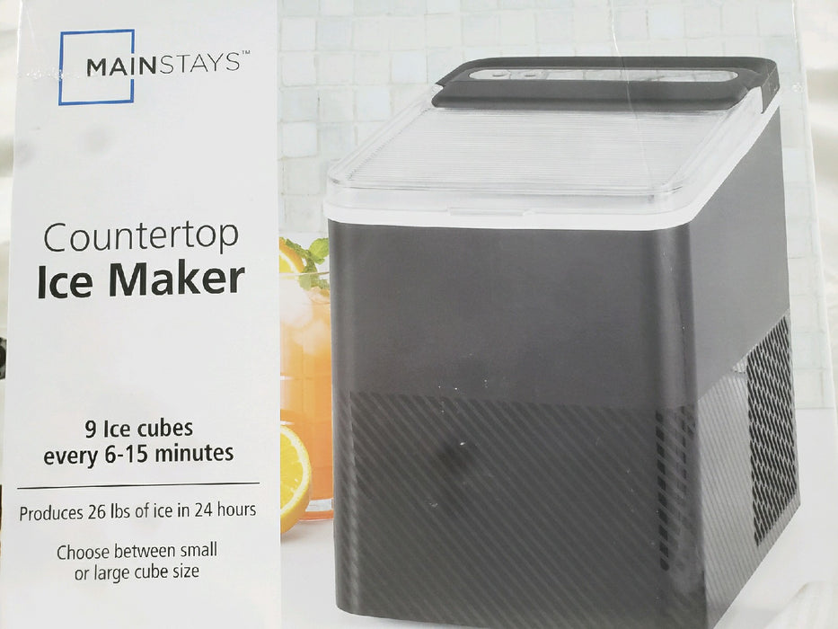 Mainstays Countertop Ice Maker, Rich Black, 9 Bullet Cubes, 2 Ice Sizes, 26 lbs/24H with Removable & Washable Ice Tray & Scoop, with Self-Cleaning Function - use_like_new