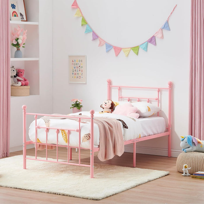 VECELO Twin Size Metal Platform Bed Frame with Headboard and Footboard, Heavy Duty Slat Support/No Box Spring Needed Mattress Foundation/Underbed Storage Space, Victorian Style - new