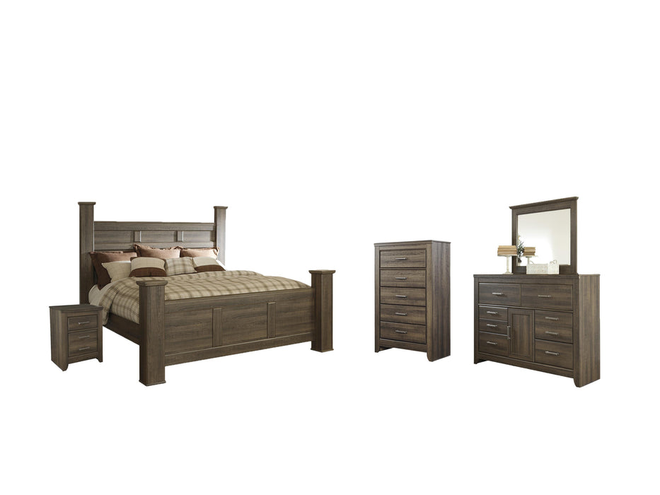 Juararo Dark Brown Juararo King Poster Bed with Mirrored Dresser, Chest and Nightstand