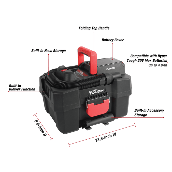 Hyper Tough 1.5 Gallon Wet Dry Vac, 20V Max, Brushless Motor, Cordless, Battery and Charger Included - new