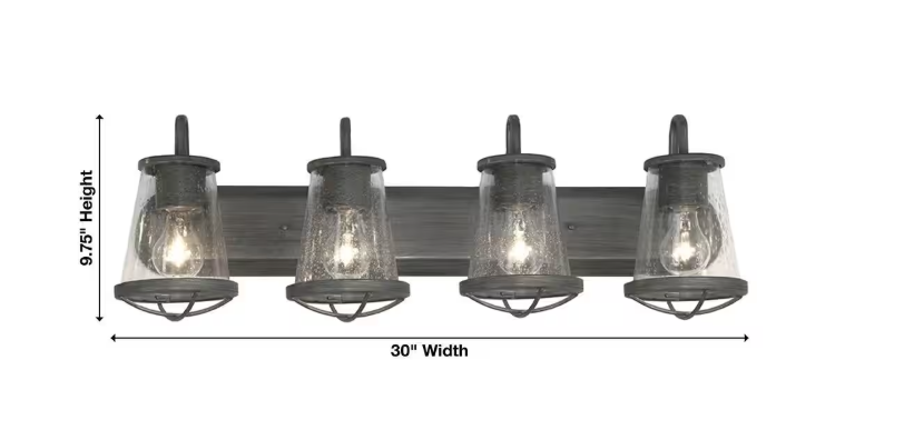 Home Decorators Collection Georgina 30 in. 4-Light Weathered Iron Industrial Rustic Vanity with Clear Seeded Glass Shades and Cage Accents - open_box