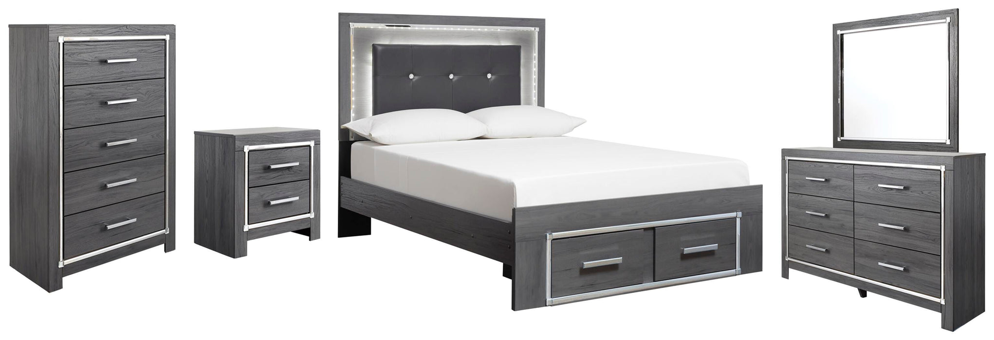 Lodanna Gray Lodanna Full Panel Bed with 2 Storage Drawers with Mirrored Dresser, Chest and Nightstand