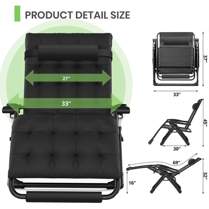 GVDV Oversized Zero Gravity Chair, 33In XXL Lounge Chair with Removable Thick Cushion, Lawn Patio Reclining Chair Upgraded Alloy Lock and Cup Holder, for Indoor Outdoor, Black - new