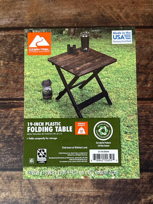 Ozark Trail 19-inch Plastic Folding Outdoor Camp Side Table, Brown Wood Print - new