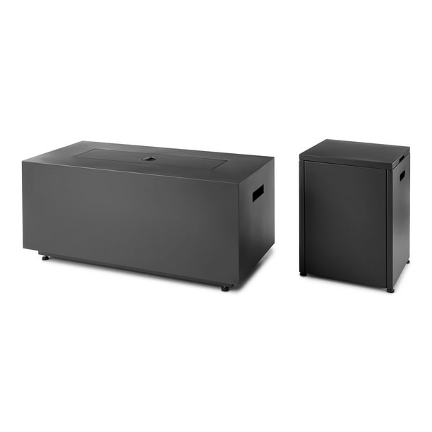 Mainstays 42" Rectangle Black Finish Modern Steel Fire Pit: 42" x 20" 50000 BTU Propane Fire Pit Table with Lid, Tank Hideaway and Cover - open_box