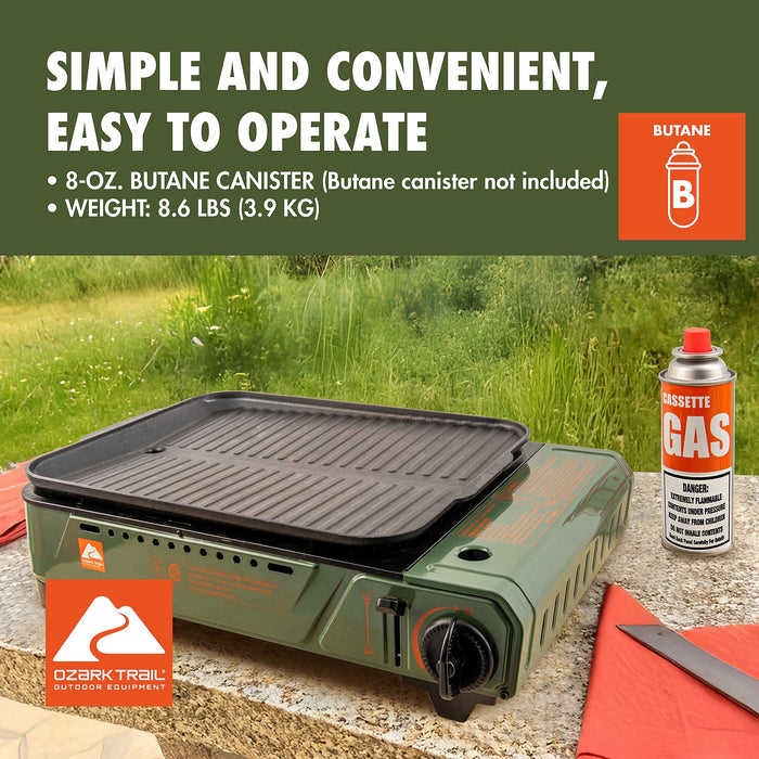 Ozark Trail Outdoor Butane Griddle, 7650 BTU, 15"x12" Cast Aluminum Griddle Fits 4 Burgers, CSA Approved, Green Color - new