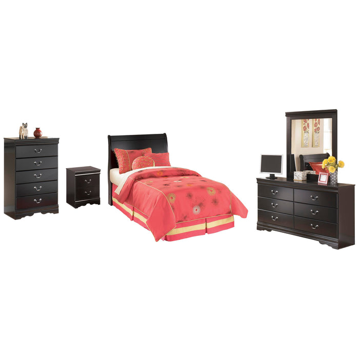 Huey Vineyard Black Huey Vineyard Twin Sleigh Headboard Bed with Mirrored Dresser, Chest and Nightstand