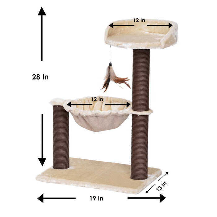 Catry 28" Beige 3-Level Cat Tree with Hammock Scratching Post Tower with Plush Perch Indoor Play House - open_box