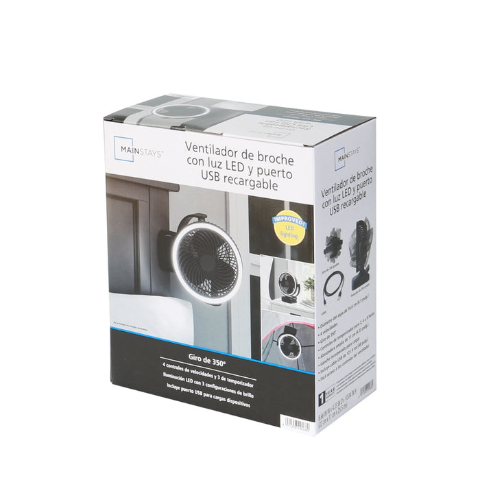 Mainstay 7 "Rechargeable USB Clip and Table Fan with LED Black - new