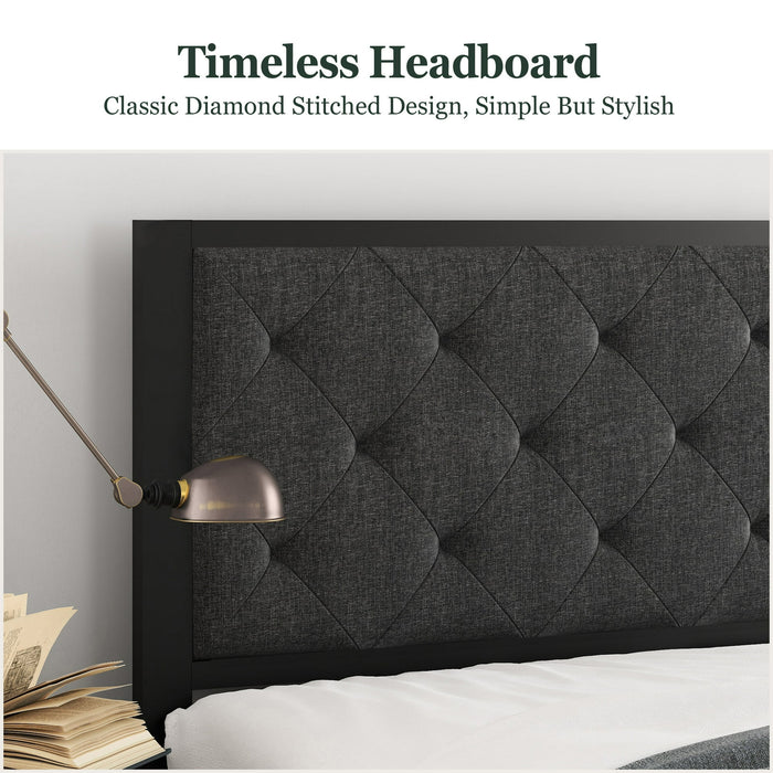 Amolife Twin Size Metal Bed Frame with Upholstered Headboard, Dark Gray - new