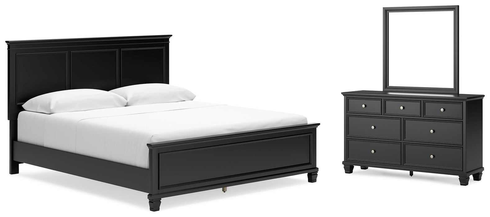 Lanolee Black Lanolee California King Panel Bed with Mirrored Dresser - Brand New