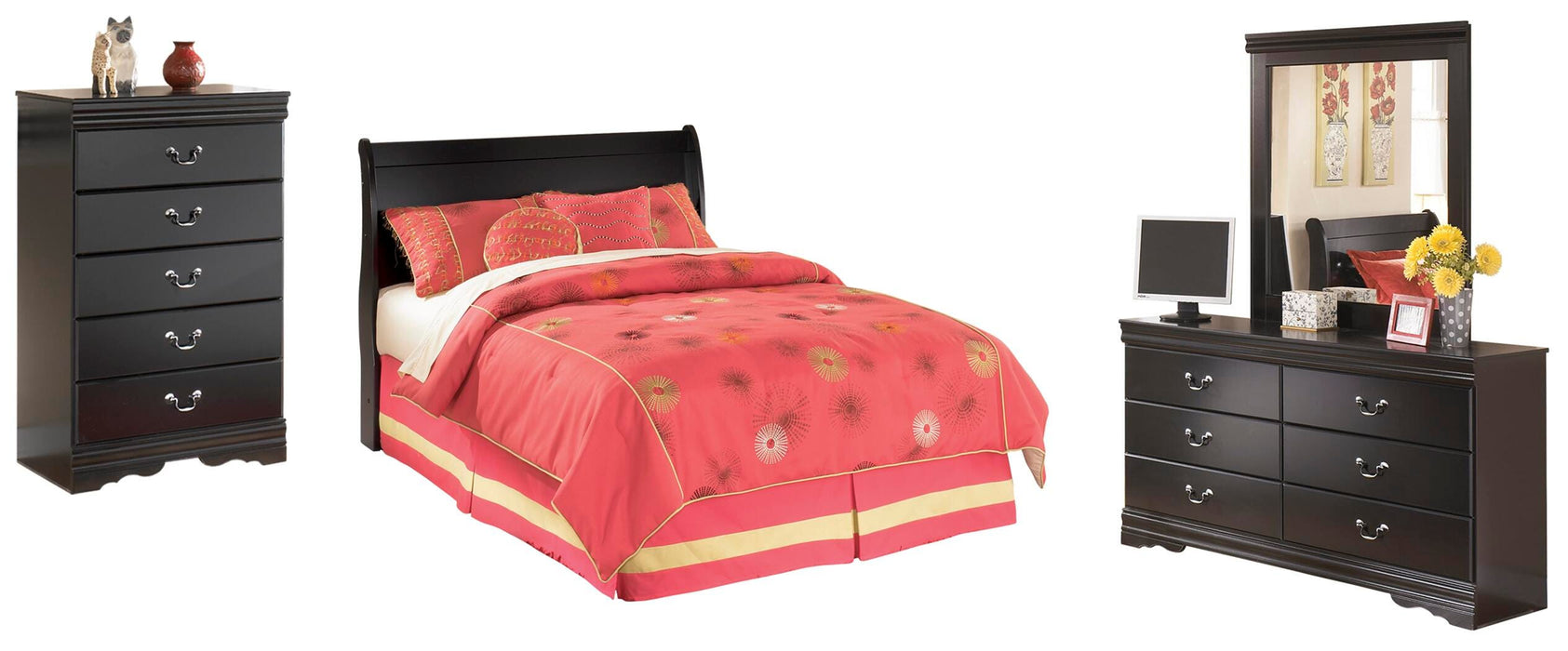 Huey Vineyard Black Huey Vineyard Full Sleigh Headboard Bed with Mirrored Dresser and Chest