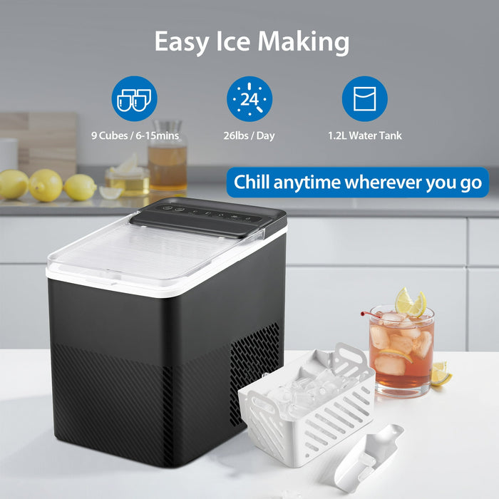 Mainstays Countertop Ice Maker, Rich Black, 9 Bullet Cubes, 2 Ice Sizes, 26 lbs/24H with Removable & Washable Ice Tray & Scoop, with Self-Cleaning Function - use_like_new