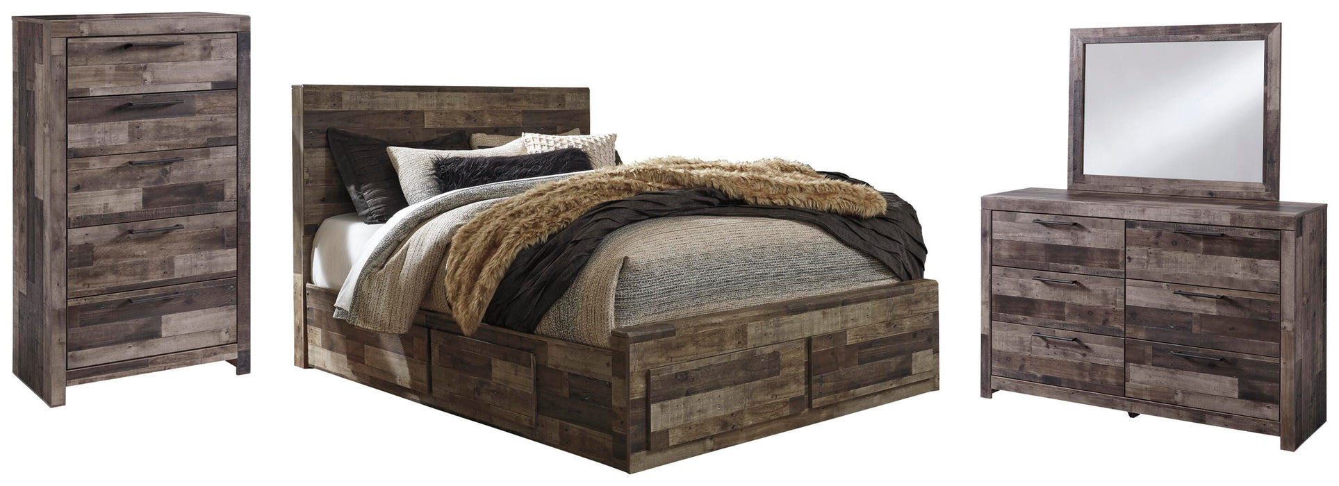 Derekson Multi Gray Derekson Queen Panel Bed with 6 Storage Drawers with Mirrored Dresser and Chest