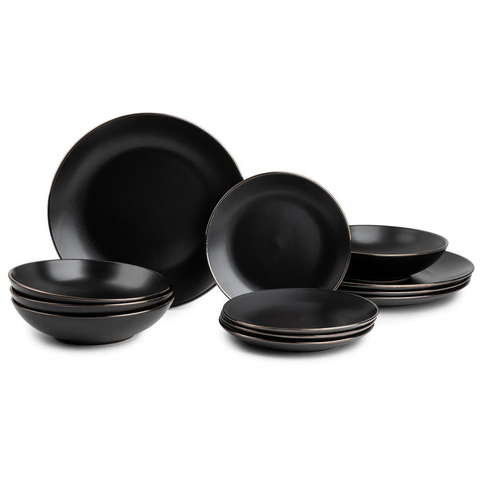 Thyme & Table Onyx 12-Piece Ceramic Dinnerware Set Black - new