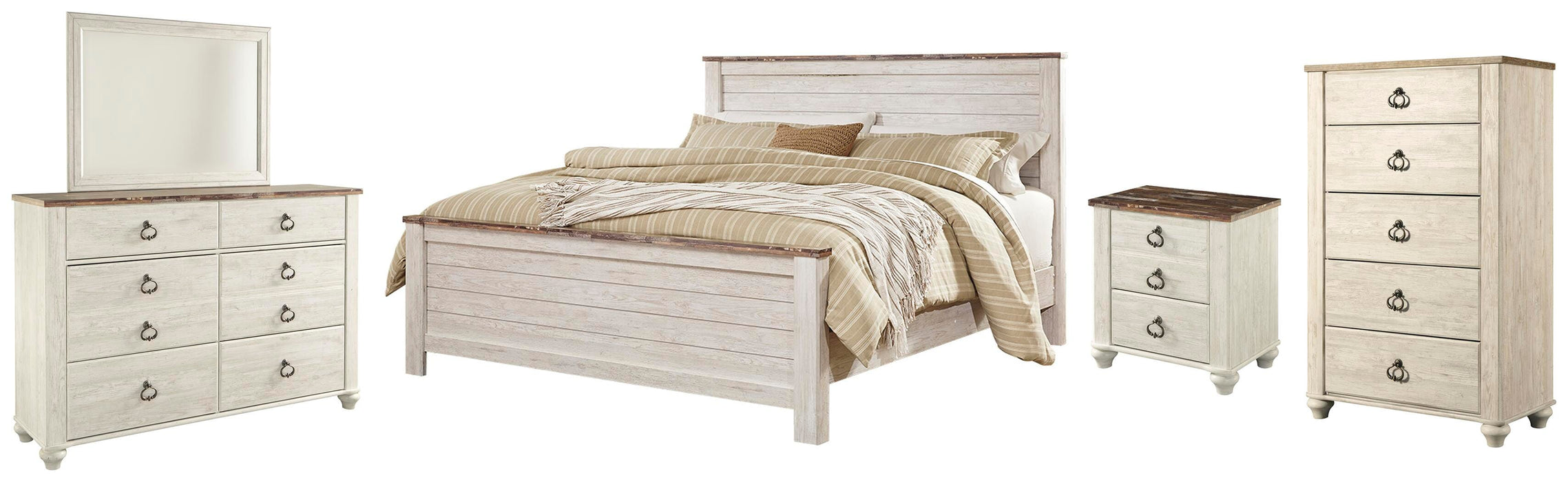 Willowton Whitewash Willowton King Panel Bed with Mirrored Dresser, Chest and Nightstand