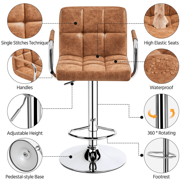 Alden Design Adjustable Swivel Bar Stools Modern Faux Leather Bar Chair Set of 2, Retro Brown - new