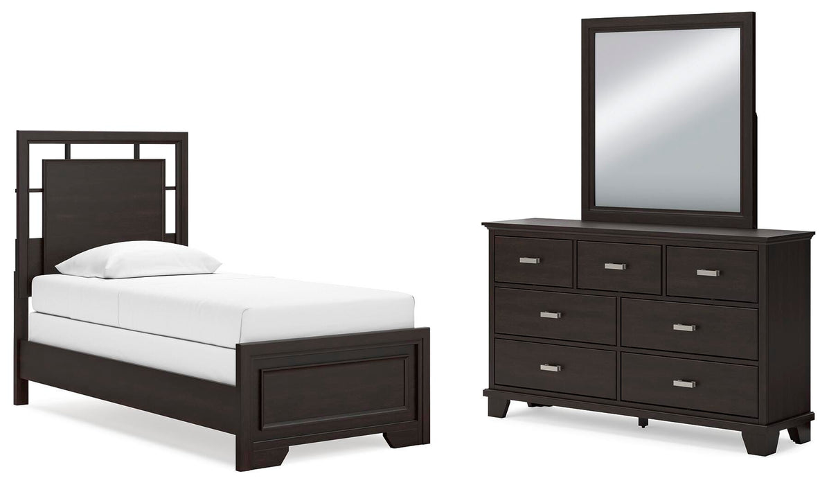Covetown Dark Brown Covetown Twin Panel Bed with Mirrored Dresser
