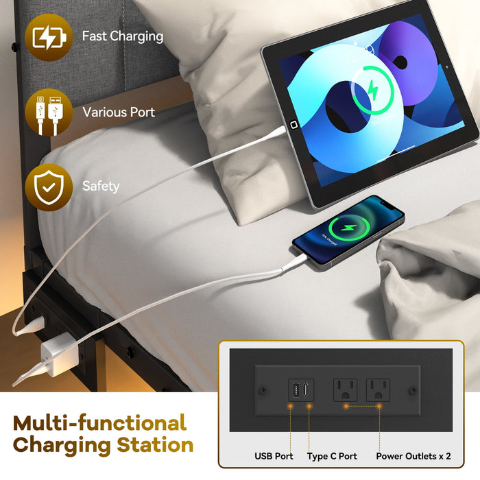 Behost Queen Size Bed Frame Floating Platform Upholstered with LED Lighting and Built-in Charging Station, Metal Frame, Gray - new