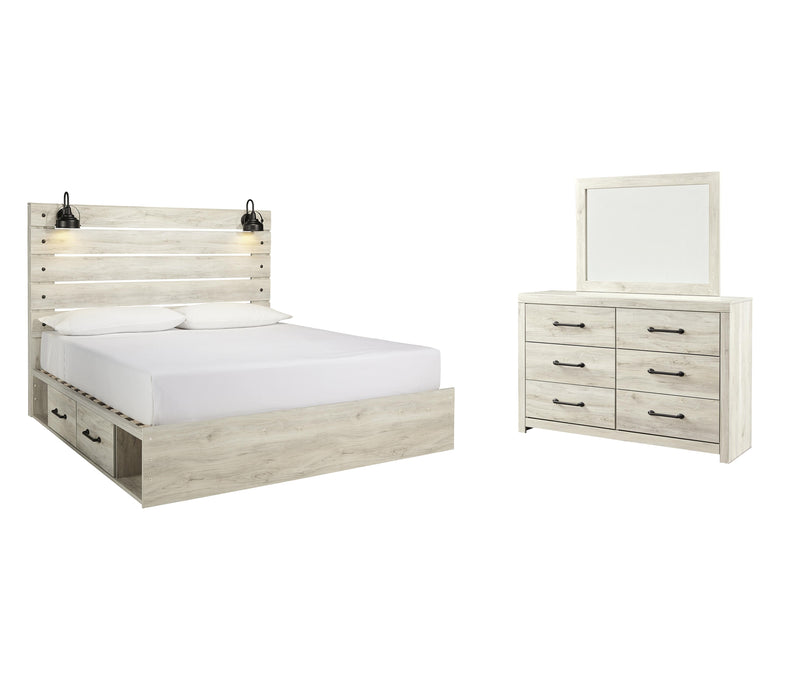 Cambeck Whitewash Cambeck King Panel Bed with 4 Storage Drawers with Mirrored Dresser