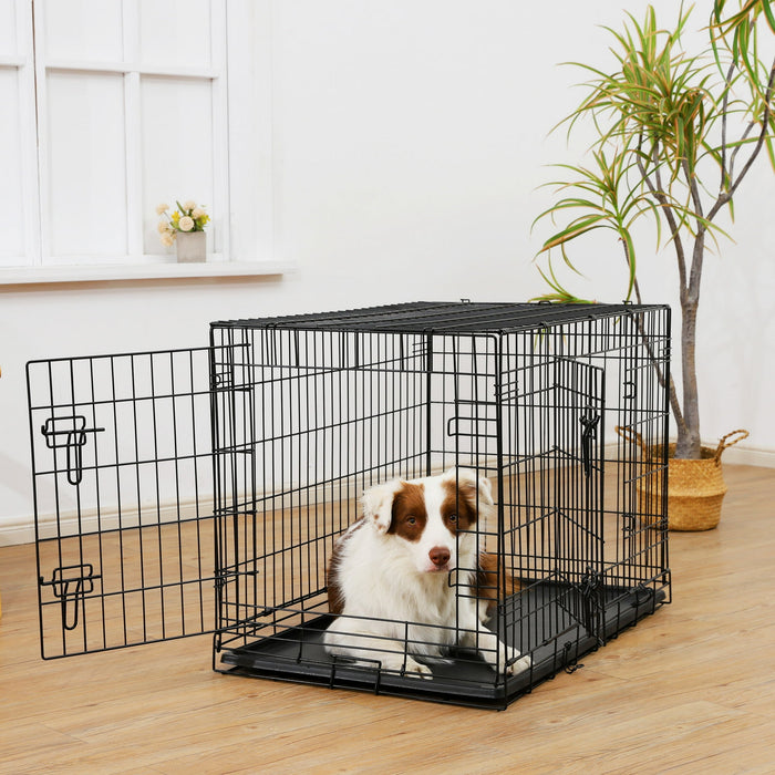 Vibrant Life Wire Dog Crate, Double-Door, Divider and Leak-Proof Tray, Metal, Foldable, Durable, Black, 36 in - new