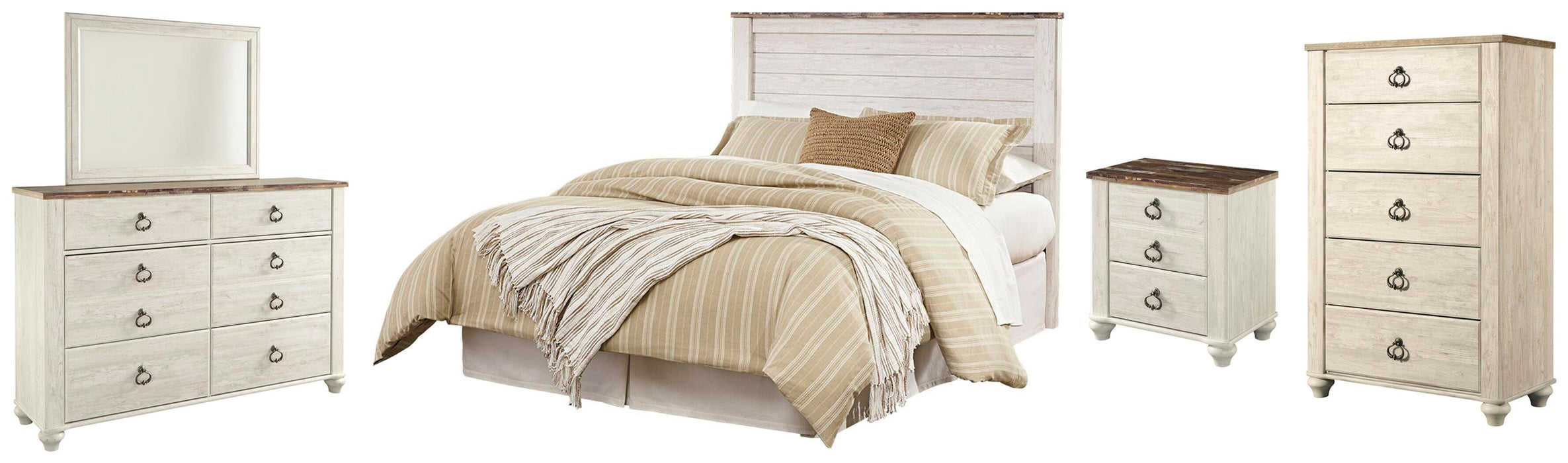 Willowton Whitewash Willowton Queen/Full Panel Headboard Bed with Mirrored Dresser, Chest and Nightstand