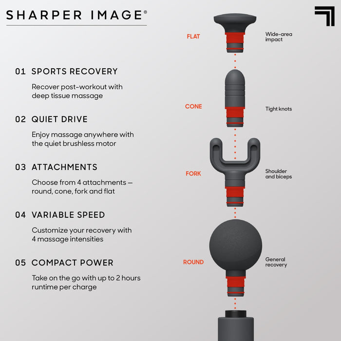 Sharper Image Powerboost Move - Portable Percussion Massage Gun with 4 Attachments, 4 Speeds| Lightweight Full Body Back & Shoulder Massager| Deep Tissue Muscle Recovery, Pain Relief & Soren
