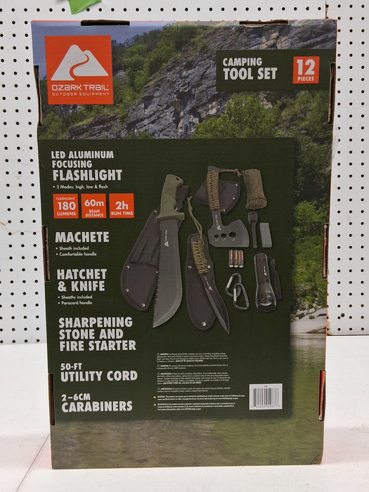 Ozark Trail 12-Pack Camping Tool Set with 180-Lumen Flashlight, 10" Machete, 4.5" Hatchet, 5" Knife, Sharpening Stone, Fire Starter, 50 Foot Utility Cord and Carabiners, Mossy Oak Dna Camo - new