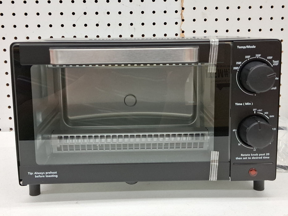Mainstays 4-Slice Countertop Toaster Oven with 3 Settings, Includes Baking Rack and Pan, Black, New - new