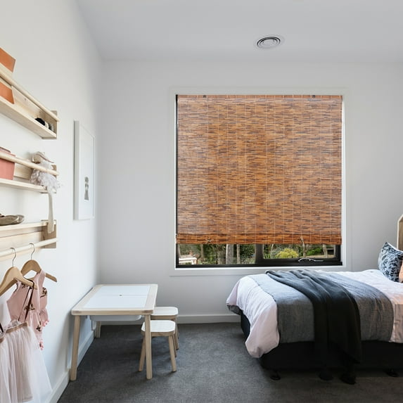 Backyard X-Scapes Reed Blinds Manual Roll-Up Cord Free Roman Shades, Chocolate, 72" W x 72" L - open_box