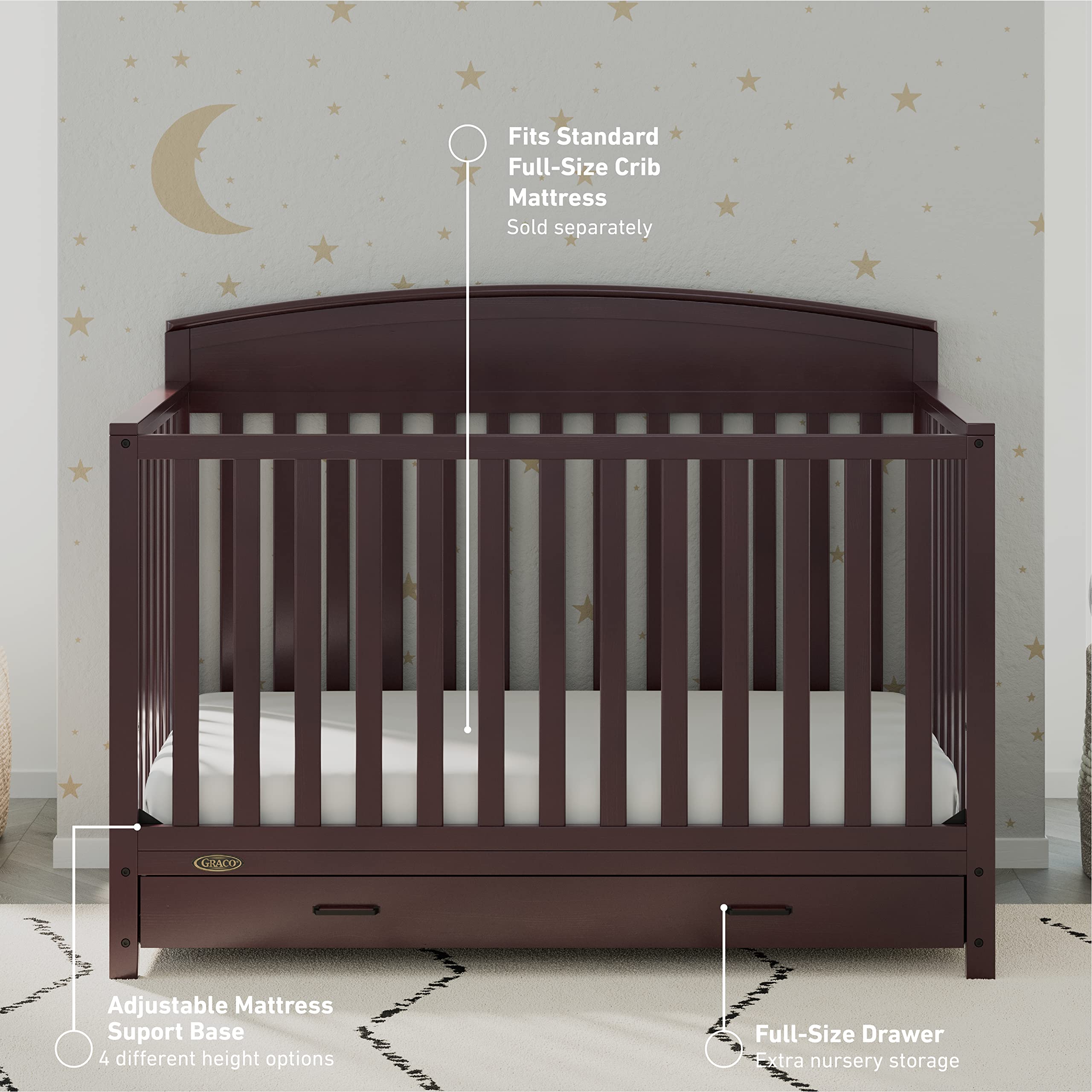 Graco Benton 5-in-1 Convertible Crib with Drawer (Espresso) - Converts from Baby Crib to Toddler Bed, Daybed and Full-Size Bed, Fits Standard Full-Size Crib Mattress, Adjustable Mattress Support Base - new