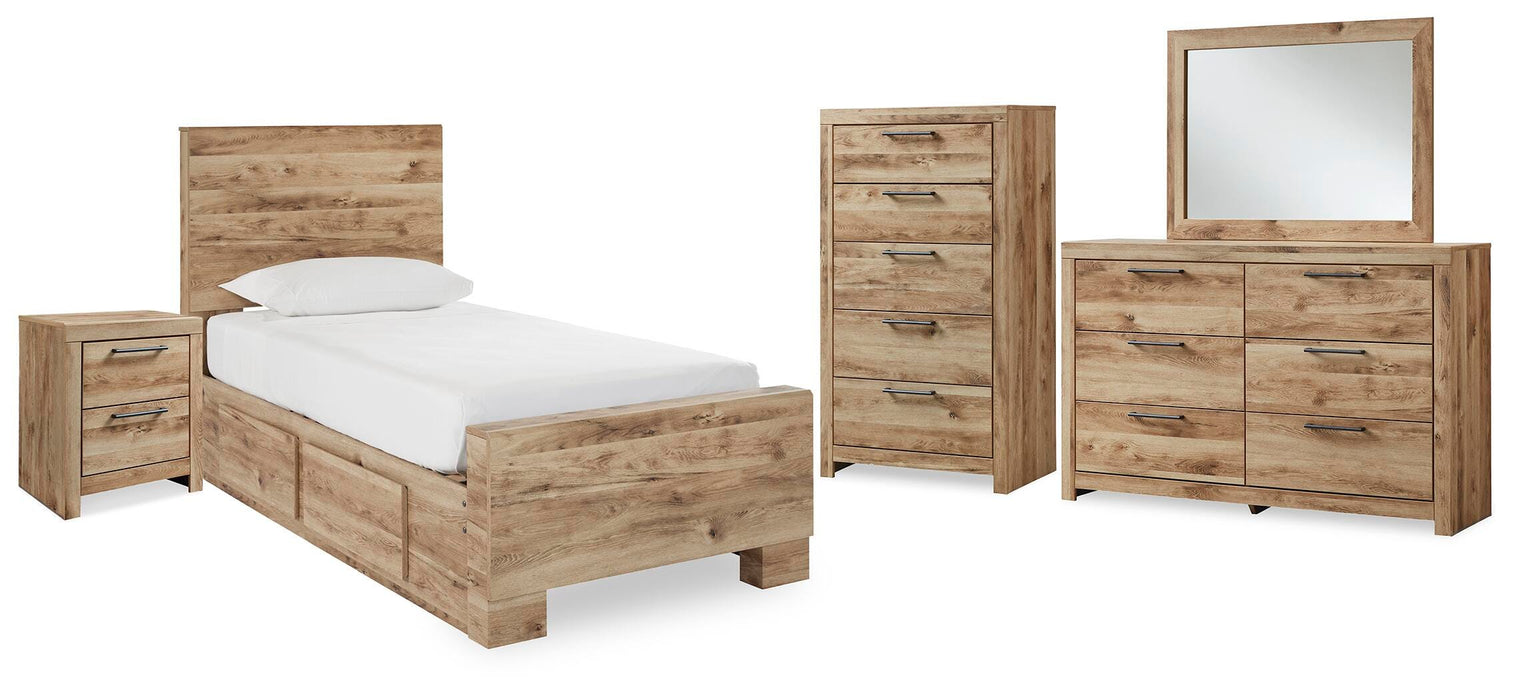 Hyanna Tan Brown Hyanna Twin Panel Bed with 1 Side Storage, Dresser, Mirror, Chest and Nightstand - Brand New