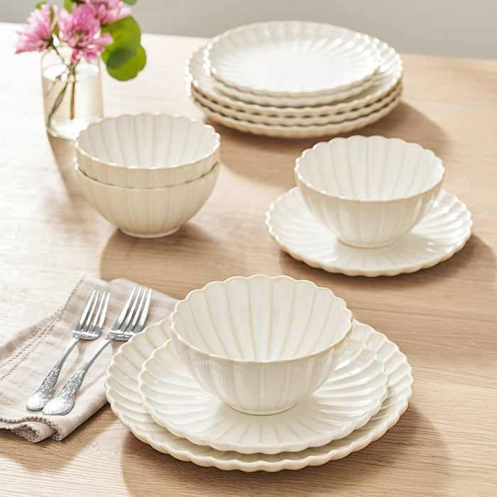 The Pioneer Woman Colette 12-Piece Stoneware Dinnerware Set, Cream - new