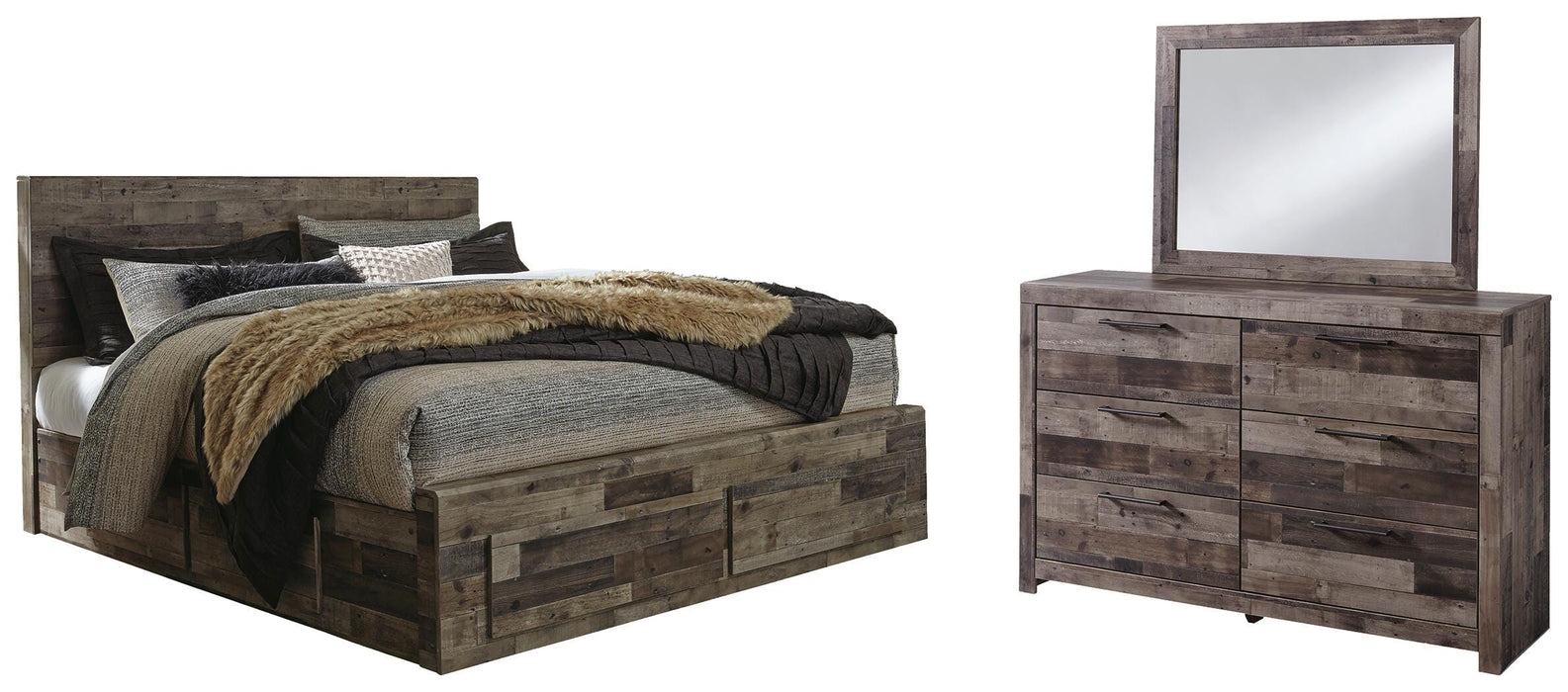 Derekson Multi Gray Derekson King Panel Bed with 4 Storage Drawers with Mirrored Dresser