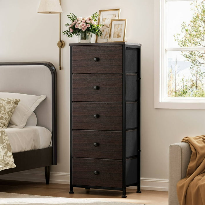 GUNAITO 5 Drawer Dresser for Bedroom Tall Narrow Chest of Drawers Fabric Storage Dresser for Adults,Brown - new