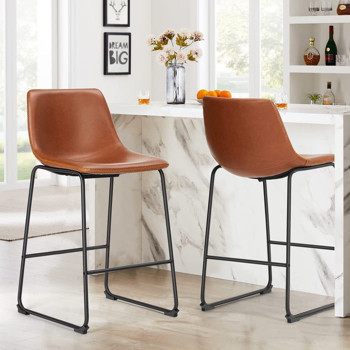 (Set of 2) Sweetcrispy Counter Height Bar Stools , Modern Counter Stool Faux Leather Barstools with Back, 26 inch Seat Height Island Stools Countertop Comfortable Brown Bar Chairs with Metal Legs - new