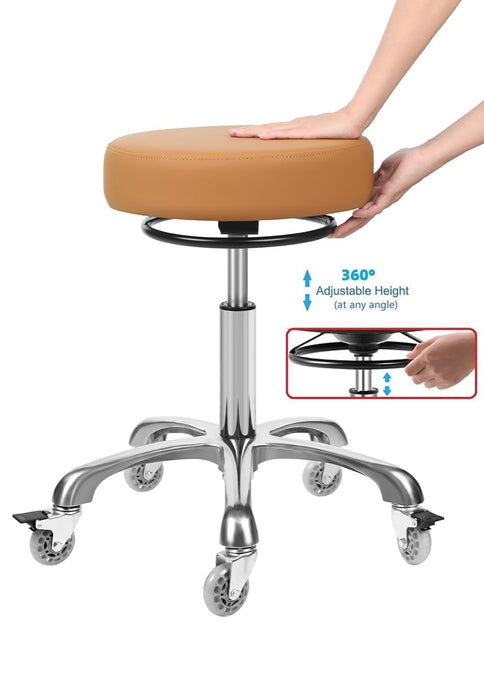McDooFly Round Rolling Stools with Wheels Adjustable Swivel Stool 400 lbs Heavy Duty Rolling Stool Seat Cushion Leather Desk Stool for Kitchen Counter Shop Salon Spa Medical Garage(Camel). - open_box