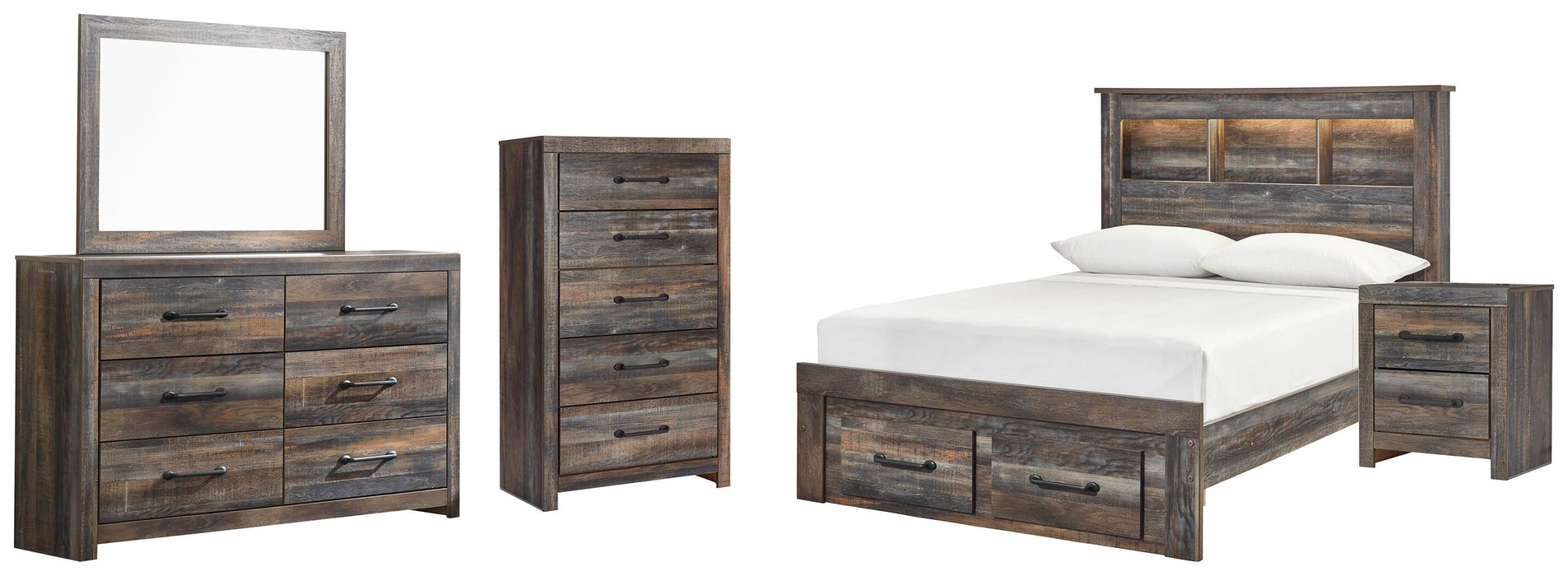 Drystan Multi Drystan Full Bookcase Bed with 2 Storage Drawers, Dresser, Mirror, Chest and Nightstand