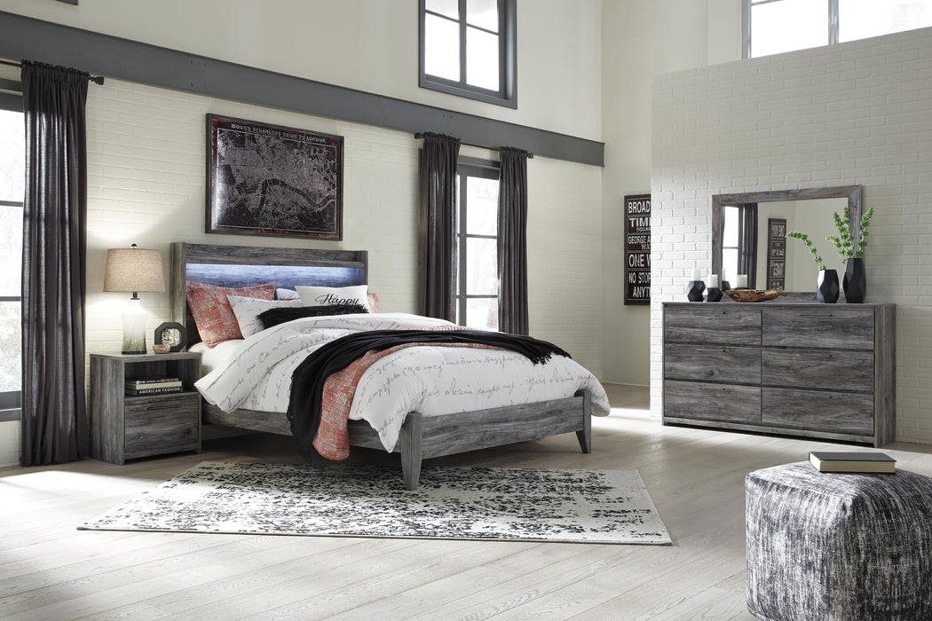 Baystorm Gray Baystorm Queen Panel Bed with Mirrored Dresser and Nightstand