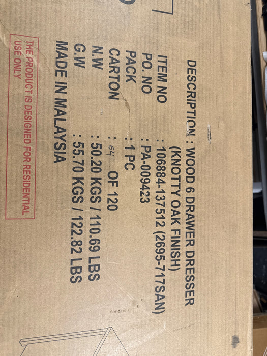 Lancaster Wood 6 Drawer Dresser, Knotty Oak, by Hillsdale Living Essentials - new