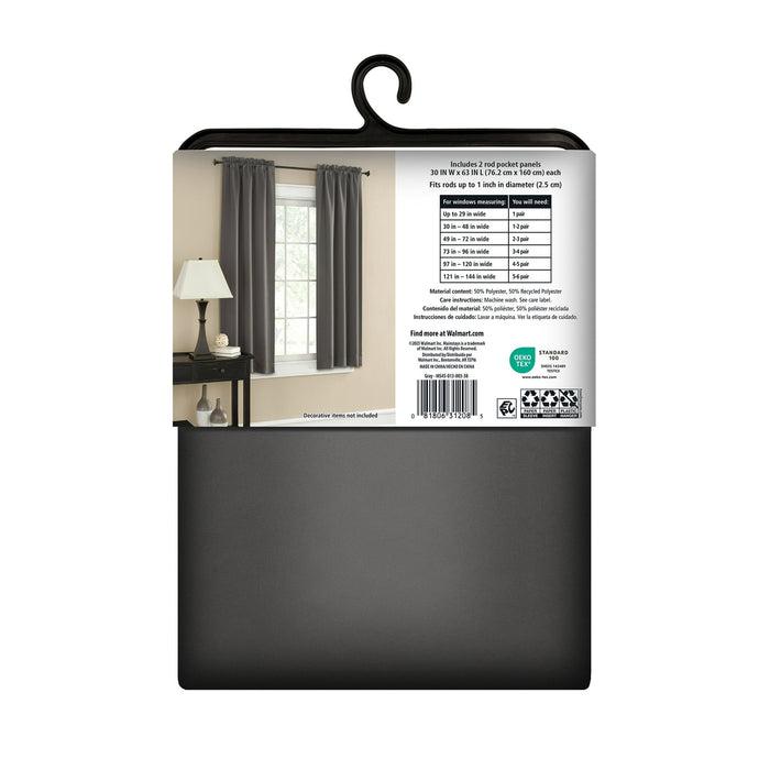 Mainstays Blackout Curtain Panels, Set of 2, Gray, 30" W x 63" L - new