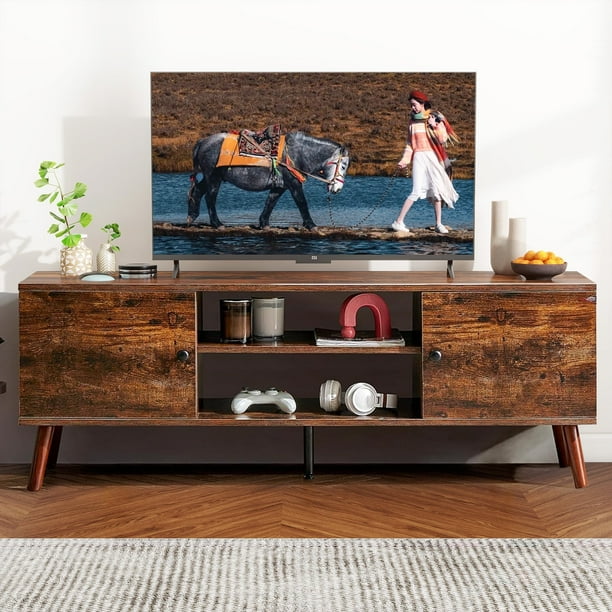 Simenmax TV Stand for 55 60 inch TV, Modern Mid Century Entertainment Center with Storage, Brown - new