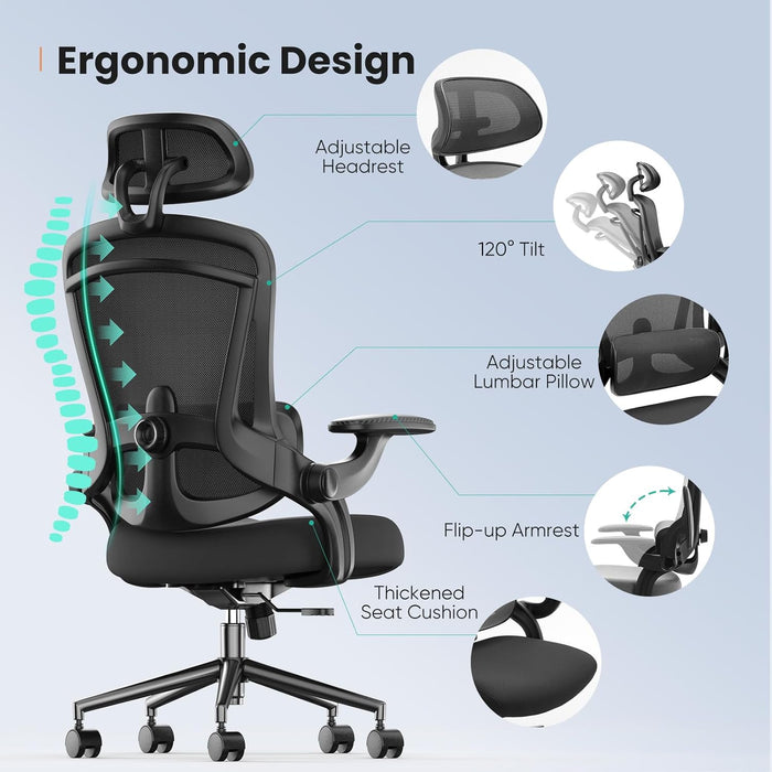 Sweetcrispy Ergonomic Mesh Office Chair, High Back with 2D Headrest, Up&Down Lumbar Support, Swivel Computer Task Desk Chairs with Adjustable Flip-up Armrests, Black - new