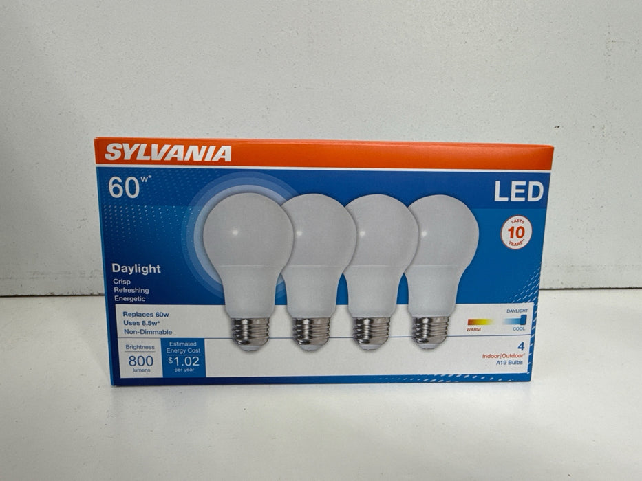 Sylvania LED Light Bulb, 60W Equivalent A19, Efficient 8.5W, Medium Base, Frosted Finish, 800 Lumens, Daylight - 4 Pack (79284) - new