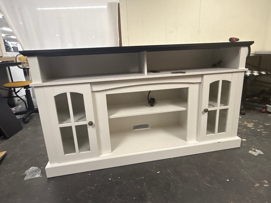 BELLEZE 58 Inch TV Stand, Rustic Wood Entertainment Center for TVs up to 65", Contemporary Media Console Table with Two Open Shelves and Glass Door Cabinets - Astorga (White) - new