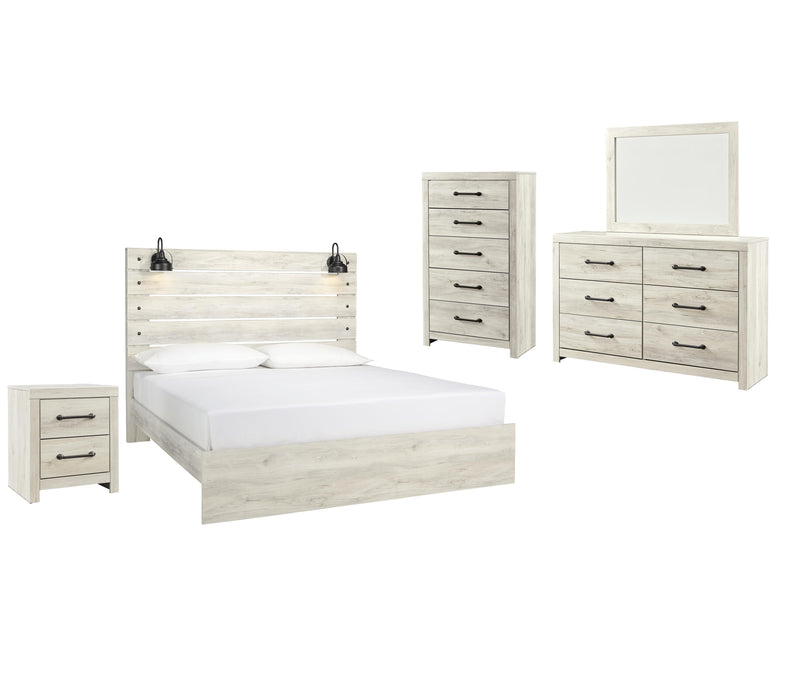 Cambeck Whitewash Cambeck King Panel Bed with Mirrored Dresser, Chest and Nightstand